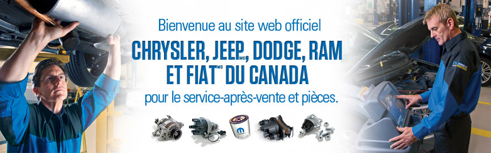 Bienvenue au site officiel Chrysler, Jeep®, Dodge, Ram et Fiat(MD) du Canada pour le service-après-vente et pièces.